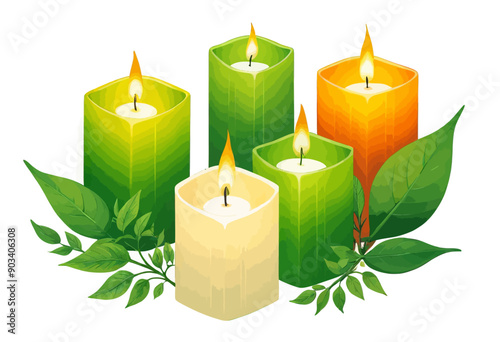 Four Candles with Green and Orange Wax, Set against a White Background with Green Leaves