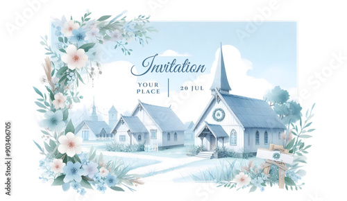 Village Floral wedding invitation template. Invitation for community programme. Or  community event or parish party or village party. Watercolour design on textured white paper; text and details custo