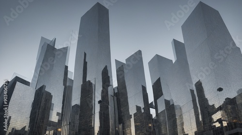 Wallpaper Mural A beautifu photograph of a modern cityscape, sharp contrasts, geometric architecture, reflections on glass buildings. Taken at dusk Torontodigital.ca