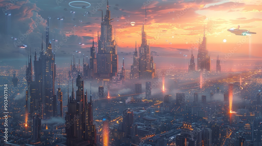 Fototapeta premium Futuristic Cityscape at Sunset