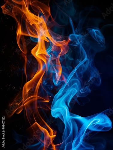 A blue and orange fire and smoke on a black background