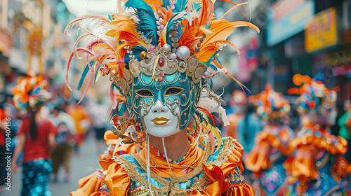 MassKara Festival parade of dancers in colorful costumes and decorative masks, backdrop of busy city streets, Ai Generated Images photo