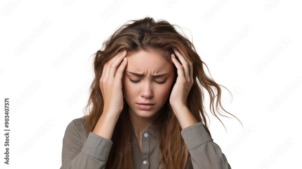 Portrait of a woman suffering from headache or stress, isolated on transparent background Portrait of a woman suffering from headache or stress, isolated on transparent background