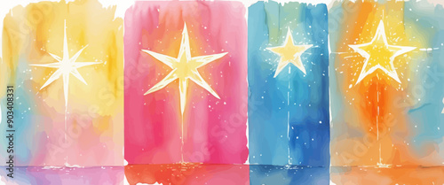 Colorful starbursts in a row, each with a different color and starbursted effect