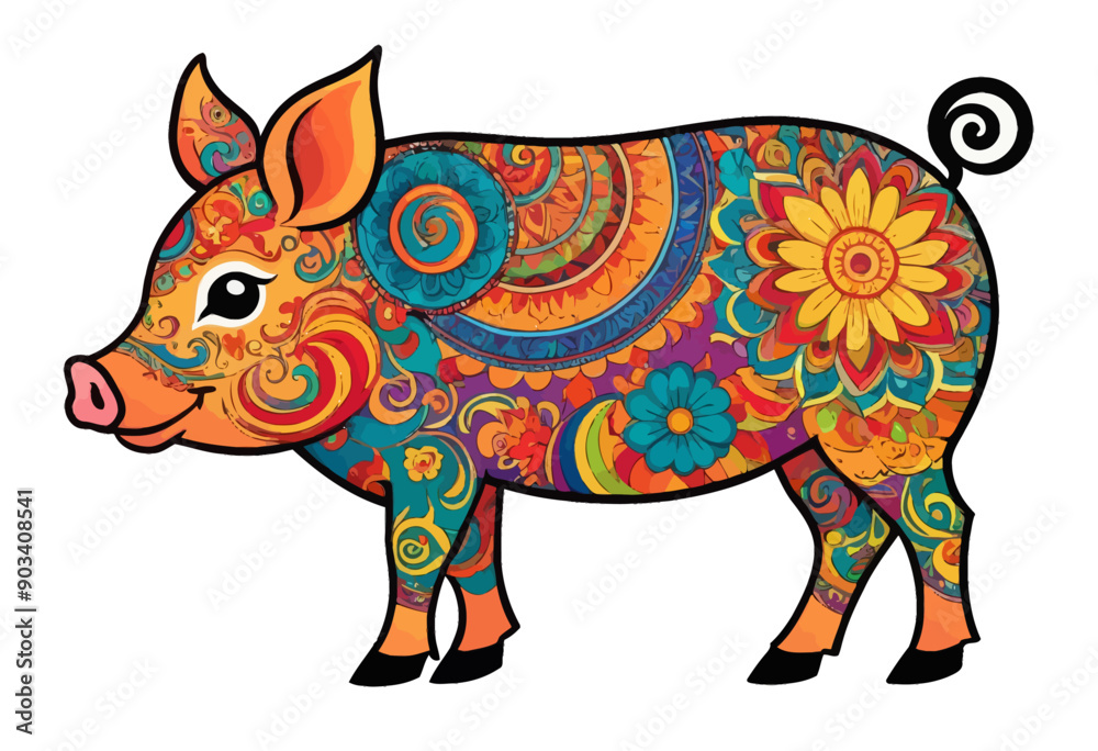 Fototapeta premium Colorful Pig with Swirling Patterns and Flower Design