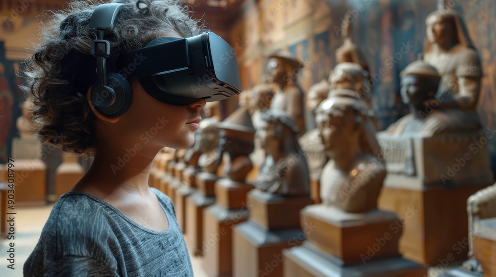 A child explores history with virtual reality in a museum filled with ancient sculptures and artifacts. A child explores history with virtual reality in a museum filled with ancient sculptures and artifacts.