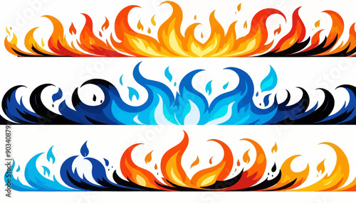 Colorful Flame Designs: Three Stylish Fire Art Illustrations in Blue, Orange, and Black