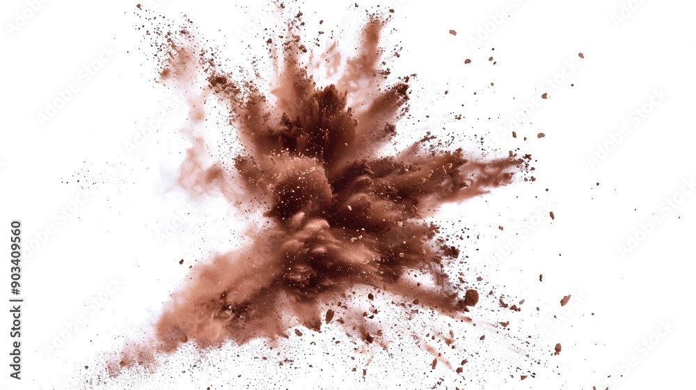 Brown powder explosion in monochrome on clean white background. Abstract concept of energy and contrast