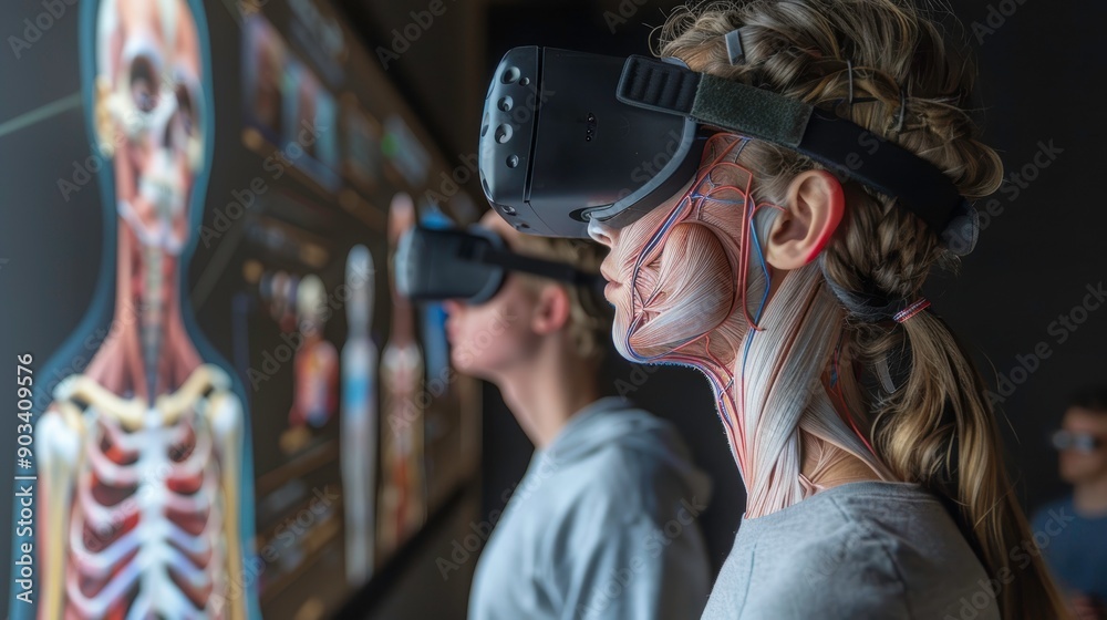 A person explores virtual anatomy through immersive VR technology, enhancing understanding of the human body and its structure. A person explores virtual anatomy through immersive VR technology, enhancing understanding of the human body and its structure.