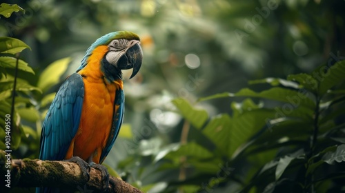  a vibrant parrot perched on a branch in a tropical rainforest, surrounded by lush green foliage
