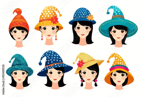 Collection of 8 Female Character Heads with Different Colorful Wizard Hats and Flowers