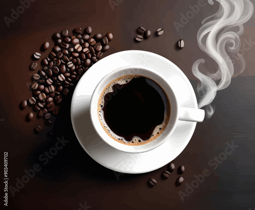 Coffee aroma wafting from cup and beans, evoking morning ritual