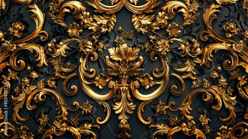A maximalist background with an opulent gold and black damask pattern photo