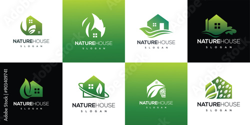 Collection of home nature logo designs, set of leaves at home concept. Modern leaf house logo inspiration