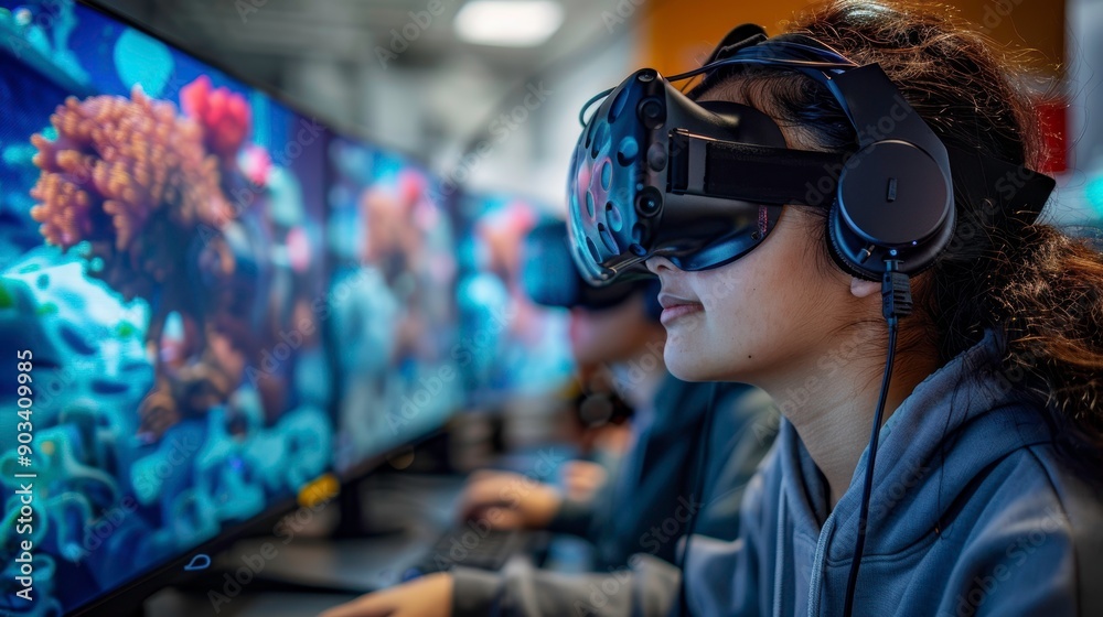 A young individual immersed in virtual reality, exploring vibrant digital environments with advanced VR technology. A young individual immersed in virtual reality, exploring vibrant digital environments with advanced VR technology.