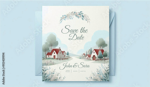  Village Floral wedding invitation template. Bride and groom or wedding.Watercolor design on textured white paper; text and details customizable in the AI file.