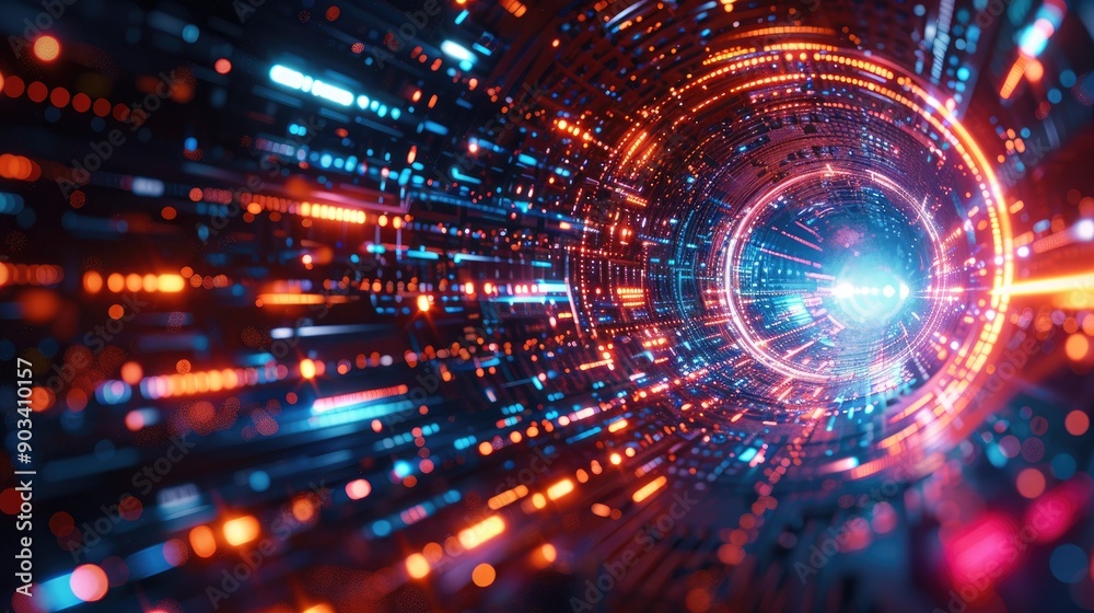 Abstract Futuristic Tunnel with Vibrant Neon Lights and Digital Data Flow in Cyberspace Abstract Futuristic Tunnel with Vibrant Neon Lights and Digital Data Flow in Cyberspace