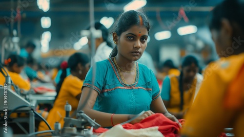 Indian Woman in Blue Kurti Working in a Textile Factory with Focus and Determination photo