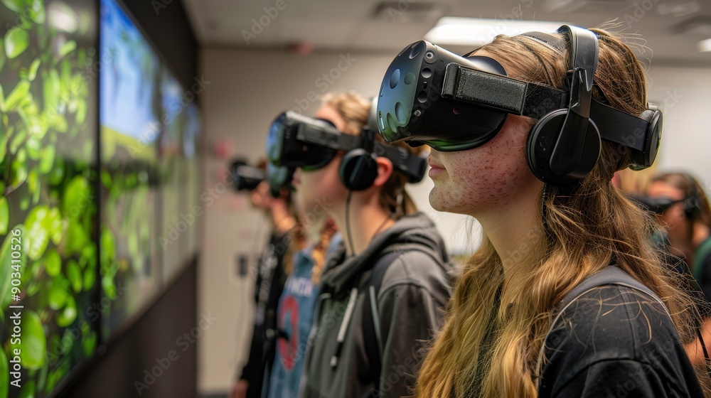 Group of individuals engaged in virtual reality experience, showcasing immersive technology in a modern setting. Group of individuals engaged in virtual reality experience, showcasing immersive technology in a modern setting.