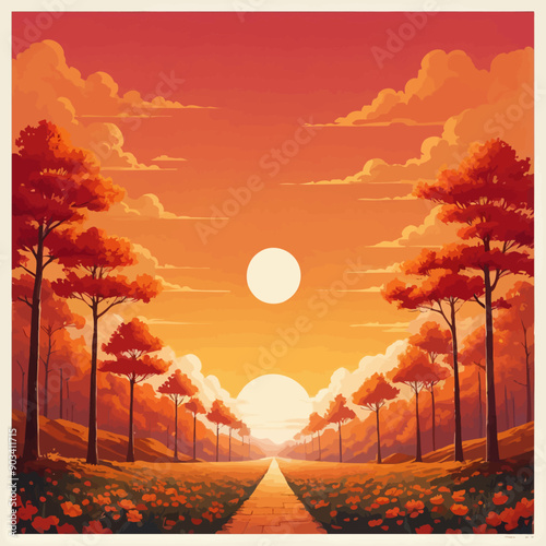 Autumnal Sunrise: A Pathway Through a Forest of Red Trees