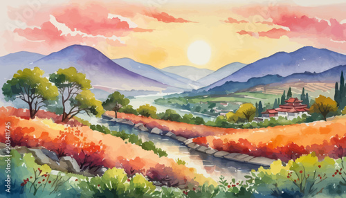 Autumnal Landscape with Sunset and Mountains