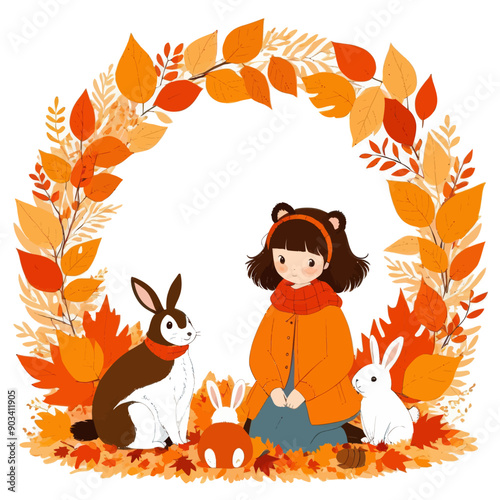 Autumnal Animals: A Rabbit, Bunny, and Bunny Rabbit's Friend Share a Cozy Moment in a Leafy Circle