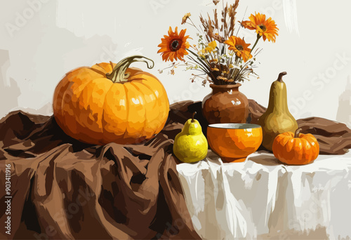 Autumn Harvest Tableau: Pumpkins, Squash, and Sunflowers