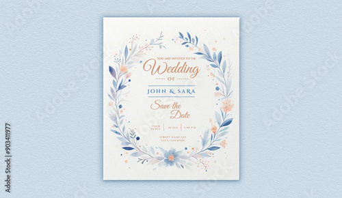 Floral wedding invitation template. Watercolor design on textured white paper; text and details customizable in the AI file.
