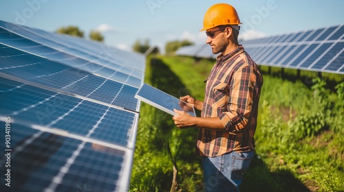 Worker in Hard Hat Examining Solar Panels at a Solar Farm photo