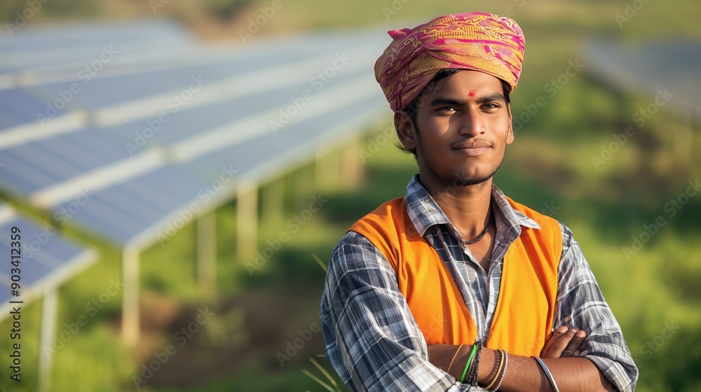 Proud Indian Farmer Standing by Solar Panels Promoting Renewable and Sustainable Energy