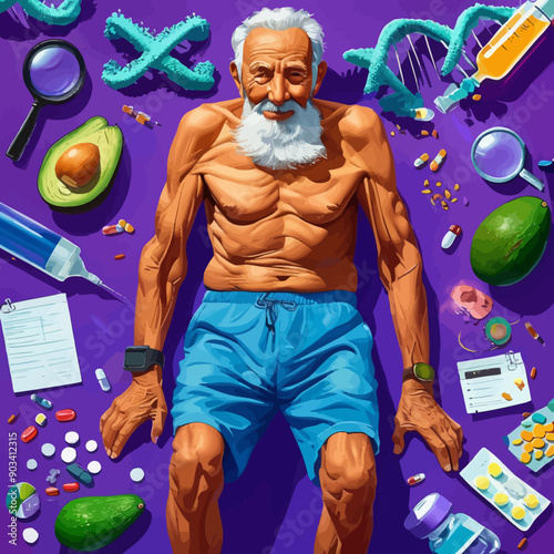 Aging Man with Medical Supplies and Health Monitoring Devices