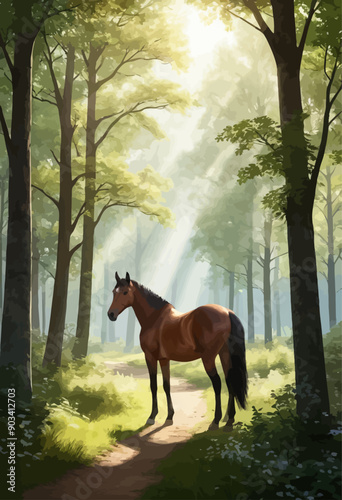 A majestic brown horse standing in a serene forest clearing