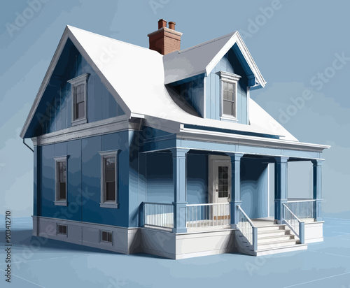 3D Rendered Blue House with White Roof and Chimney