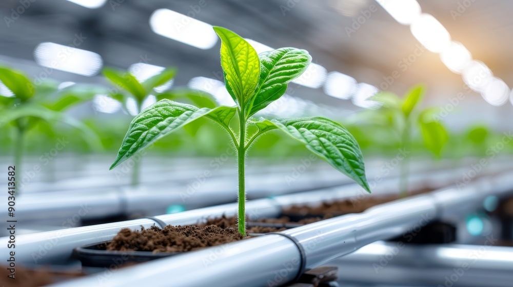 A plant is growing in a greenhouse A plant is growing in a greenhouse