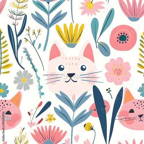 Wallpaper Mural seamless pattern with flowers and cute cat Torontodigital.ca