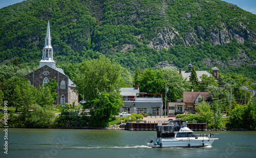 View of the Mont-Saint-Hilaire mountain from the other side of the richelieu river.