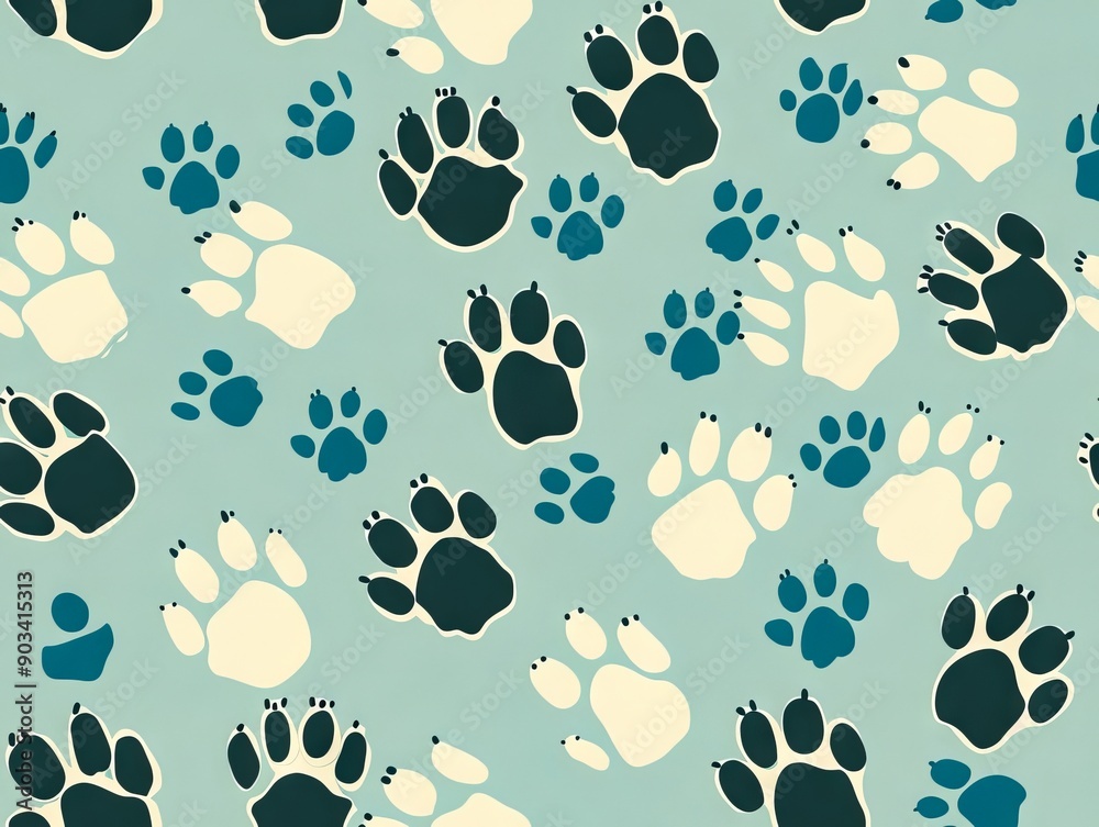 Fototapeta premium A pattern of blue and white paw prints on a blue background