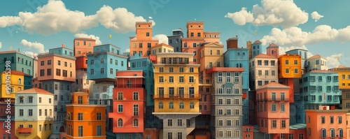 Surreal city with floating buildings and upsidedown streets, topsyturvy world, photo