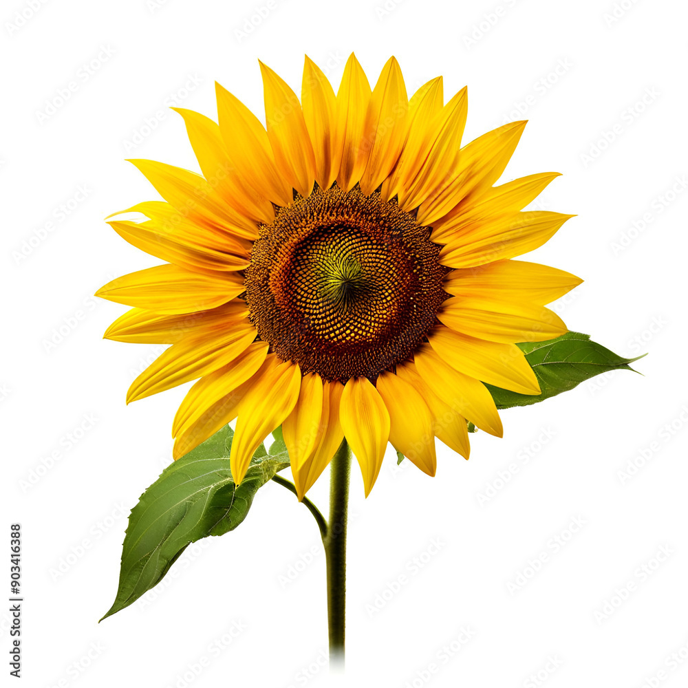 Obraz premium A vibrant sunflower with bright yellow petals and a dark brown center is showcased against a clean white background, accompanied by two lush green leaves.