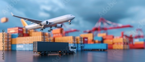 A large cargo plane is flying over a busy port with a large truck on the ground
