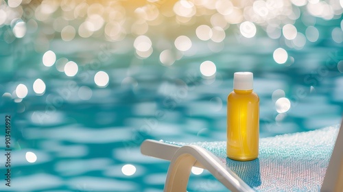 Sunscreen on a deck chair by the pool, relaxation and protection, photo