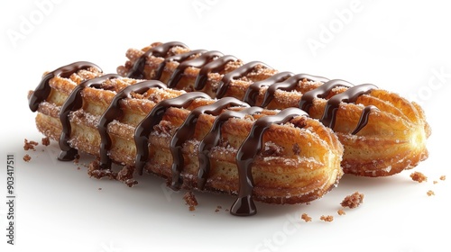 Delicious Spanish Churro Dipped in Chocolate on White Background - Photorealistic Studio Shot with Canon EOS K5 85mm Lens