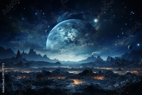 Majestic Alien Landscape with Rocky Terrain and Blue Planet Rising in the Night Sky. Breathtaking Extraterrestrial World with Mountains, Glowing Craters, and Starry Cosmic Horizon.