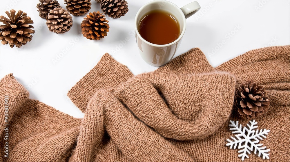 Cozy Winter Scene with Warm Knitted Sweater, Hot Beverage, and Pinecones for Holiday Season Cozy Winter Scene with Warm Knitted Sweater, Hot Beverage, and Pinecones for Holiday Season
