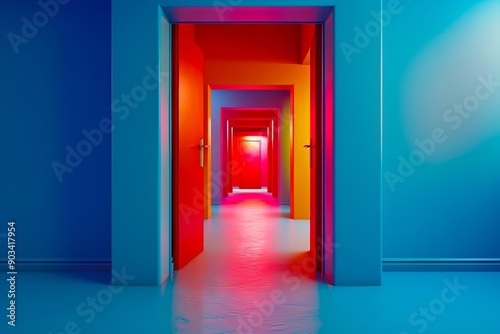 An open door in a blue and red room with a red light © VISUAL BACKGROUND