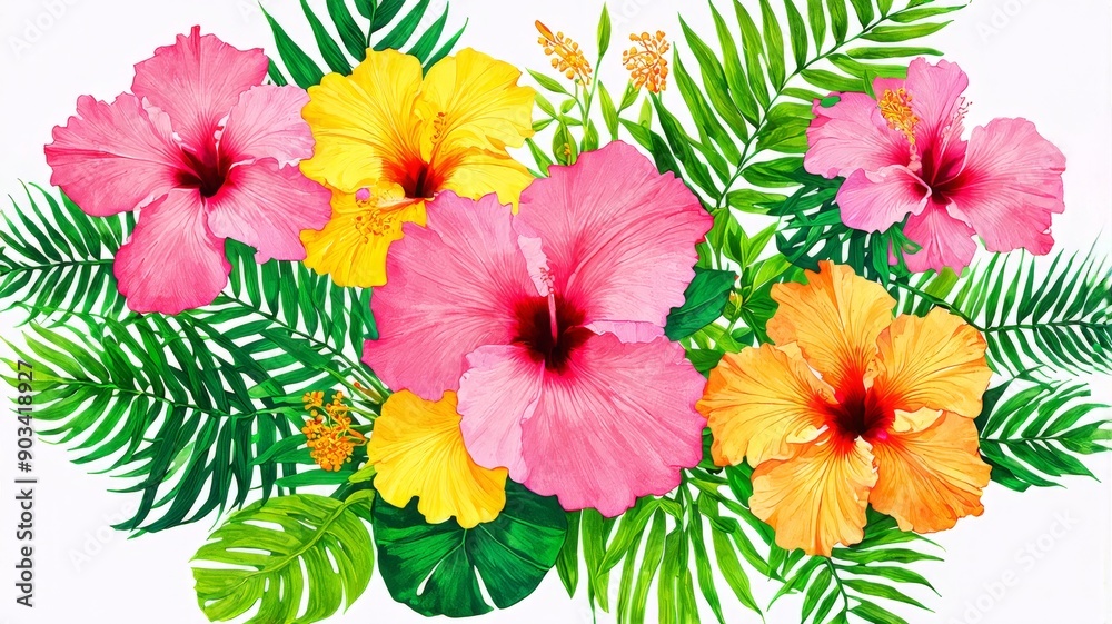 Obraz premium Vibrant Tropical Hibiscus Flowers and Green Foliage Illustration for Floral Design and Stationery