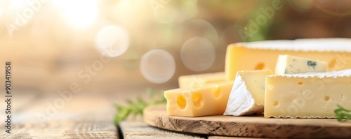 Selection of farmmade cheeses on a rustic board, dairy, agricultural products photo