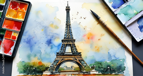 Watercolor painting of Eiffel Tower in Paris, France