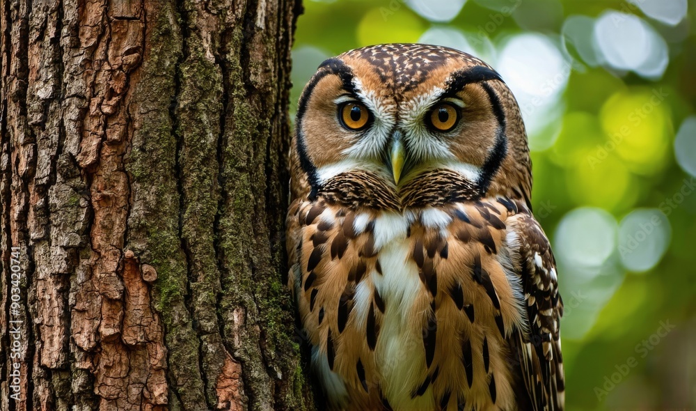 Obraz premium Close-Up Photograph of a Majestic Owl Perched on Tree Trunk in a Forest