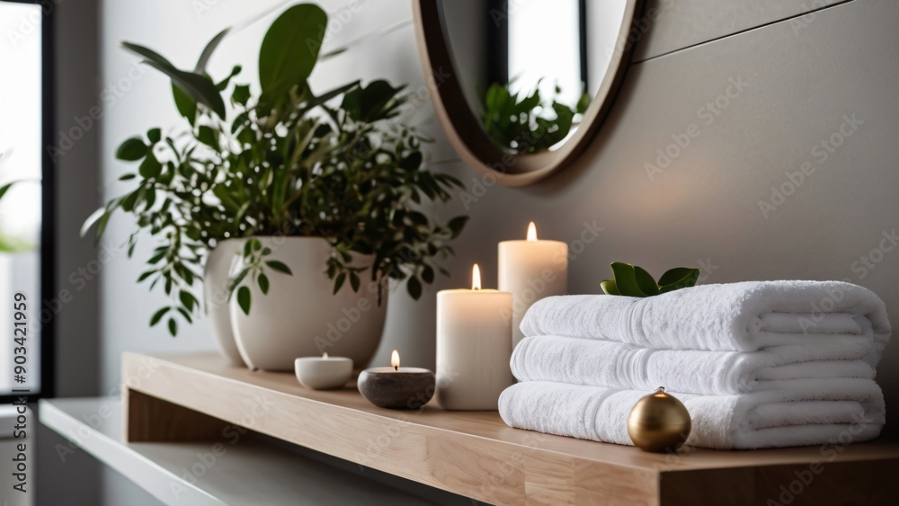 A spa room with large windows overlooking the ocean, white towels folded neatly on wicker shelves A spa room with large windows overlooking the ocean, white towels folded neatly on wicker shelves